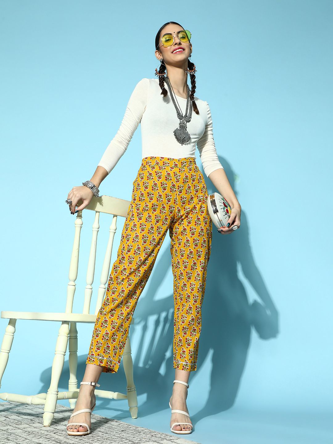 Shae by SASSAFRAS Women Stylish Mustard Floral All in the Details Trousers Price in India