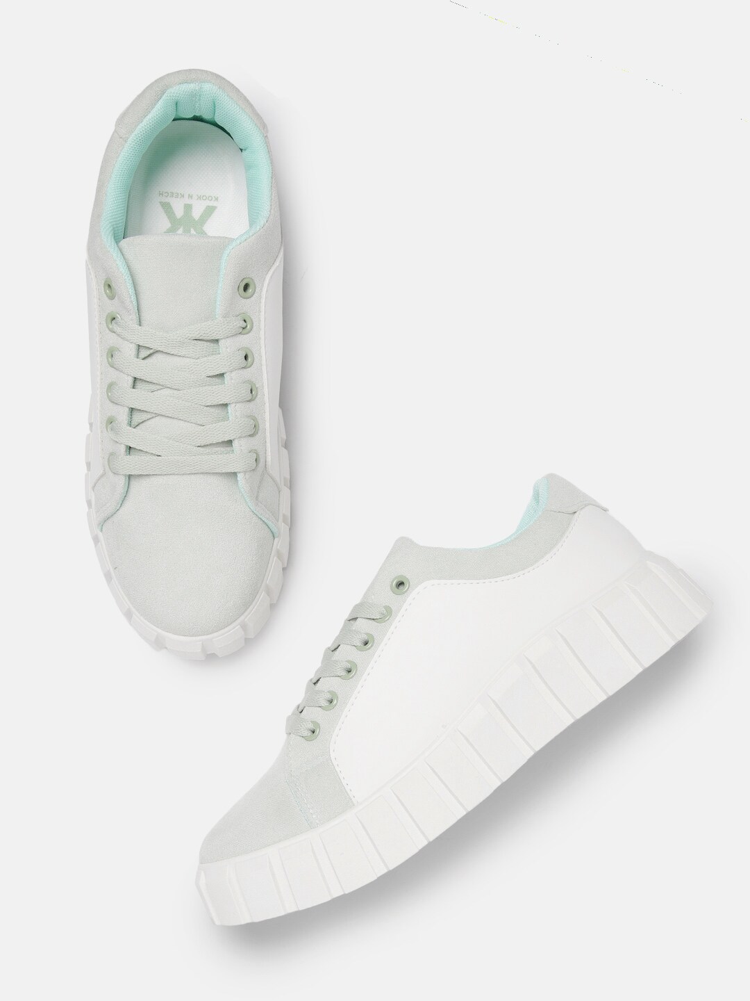 Kook N Keech Women Mint Green & White Colourblocked Flatforms with Suede Finish Price in India