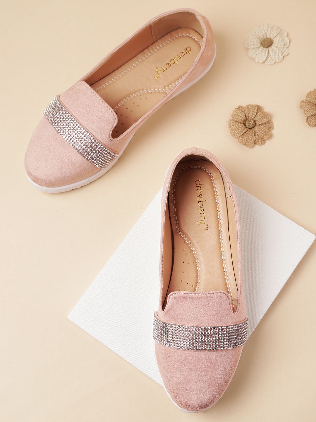 DressBerry Women Peach-Coloured & Silver-Toned Suede Finish Embellished Detail Ballerinas Price in India