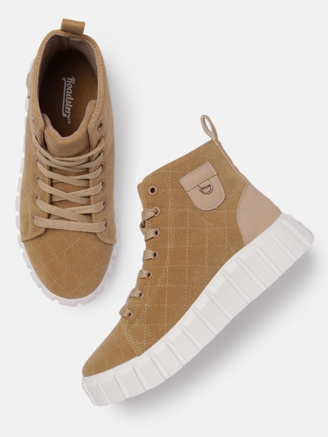 Roadster Women Camel Brown Geometric Woven Design Mid-Top Sneakers Price in India