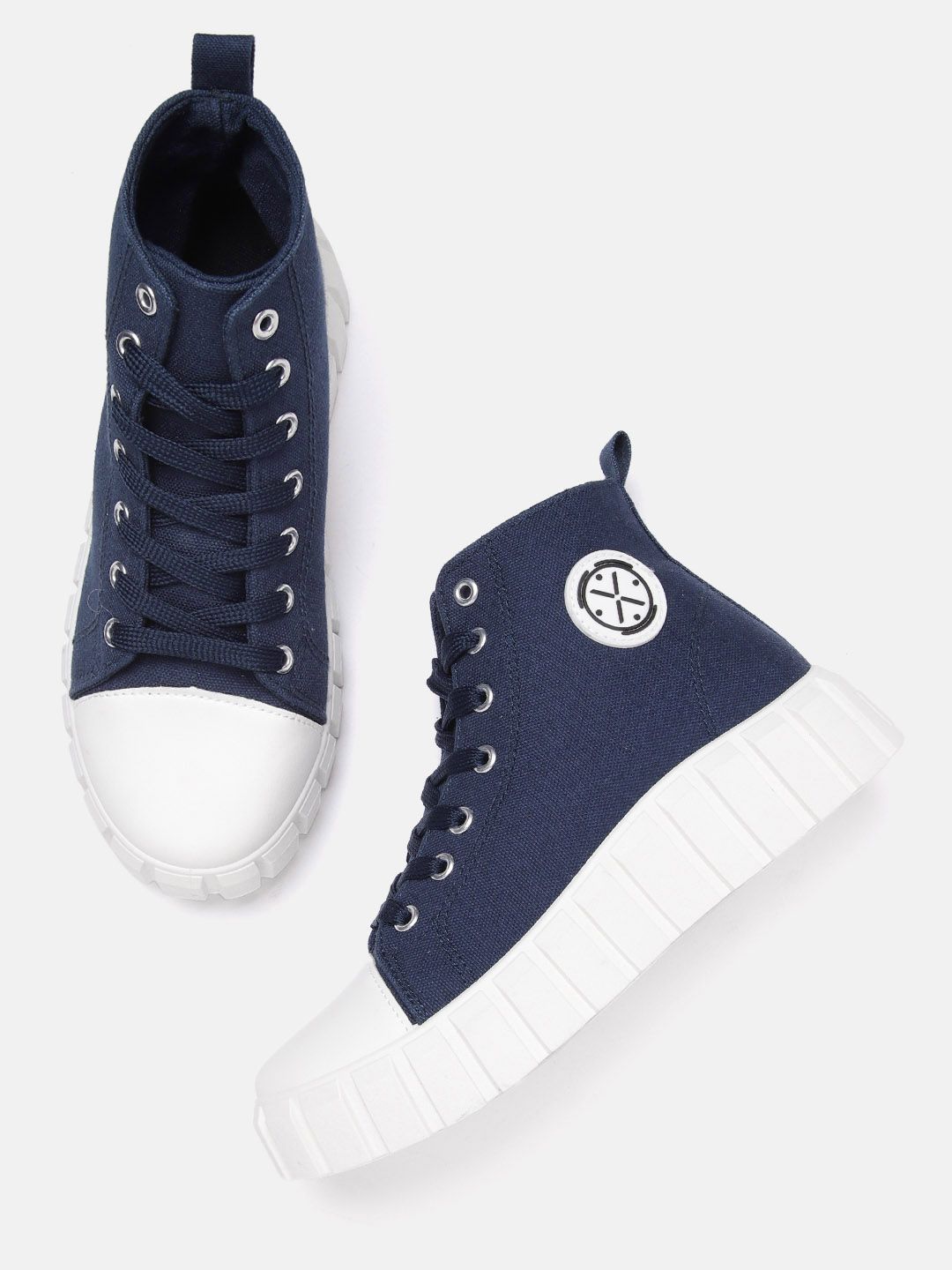 Roadster Women Navy Blue & White Colourblocked Applique Detail Mid-Top Sneakers Price in India