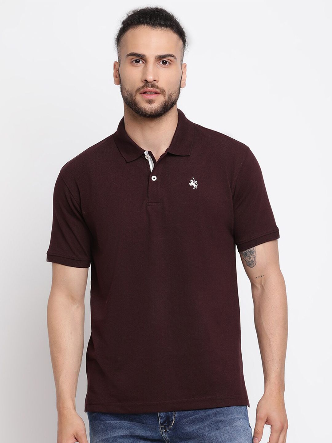 Cantabil Men Burgundy Polo Collar Regular Fit Cotton T-shirt