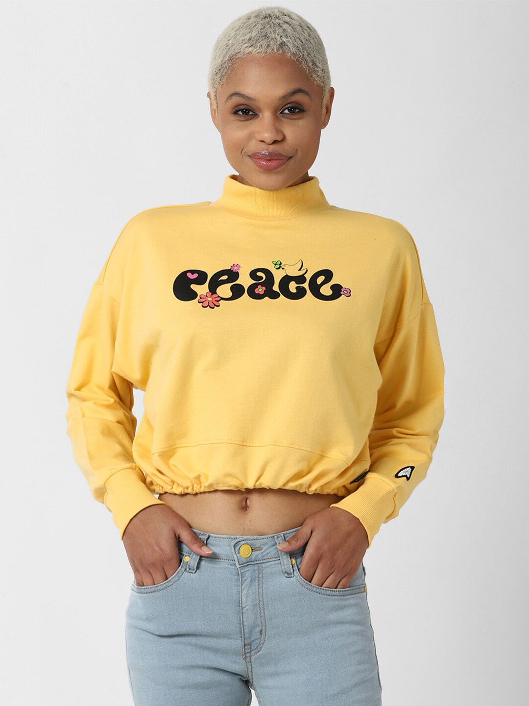 FOREVER 21 Women Yellow Printed Pure Cotton Cropped Sweatshirt Price in India