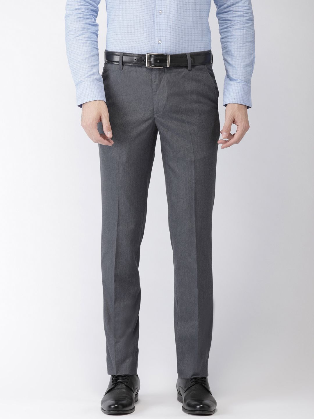 navy blue shirt and gray pants
