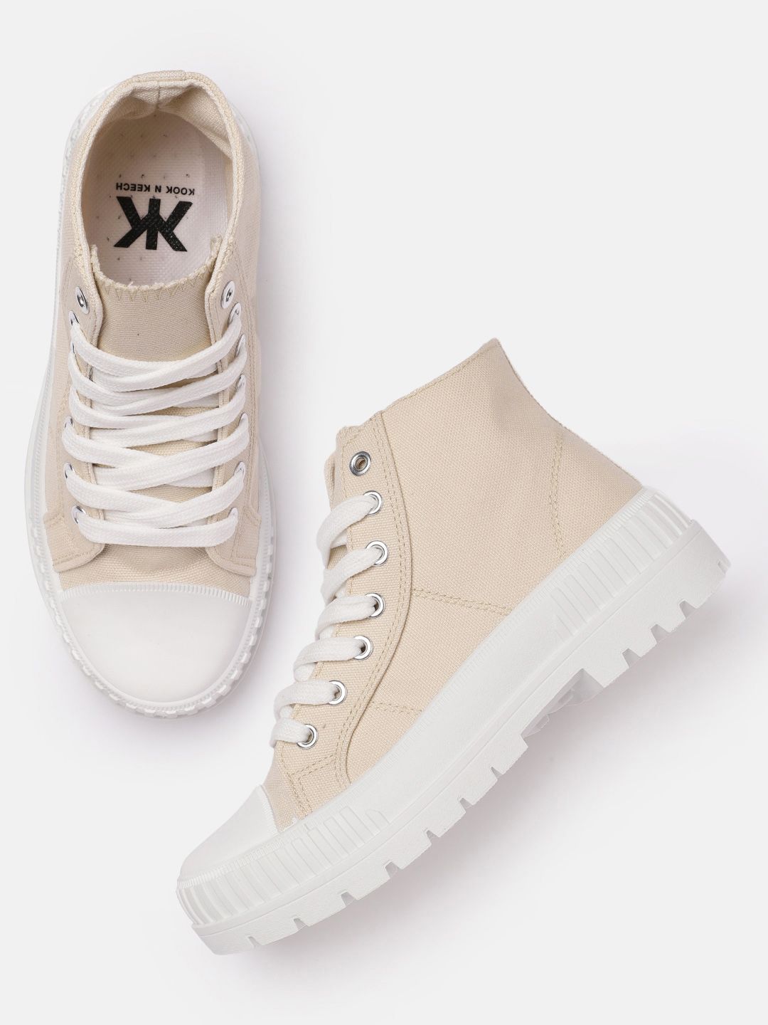 Kook N Keech Women Beige Solid Mid-Top Canvas Sneakers Price in India