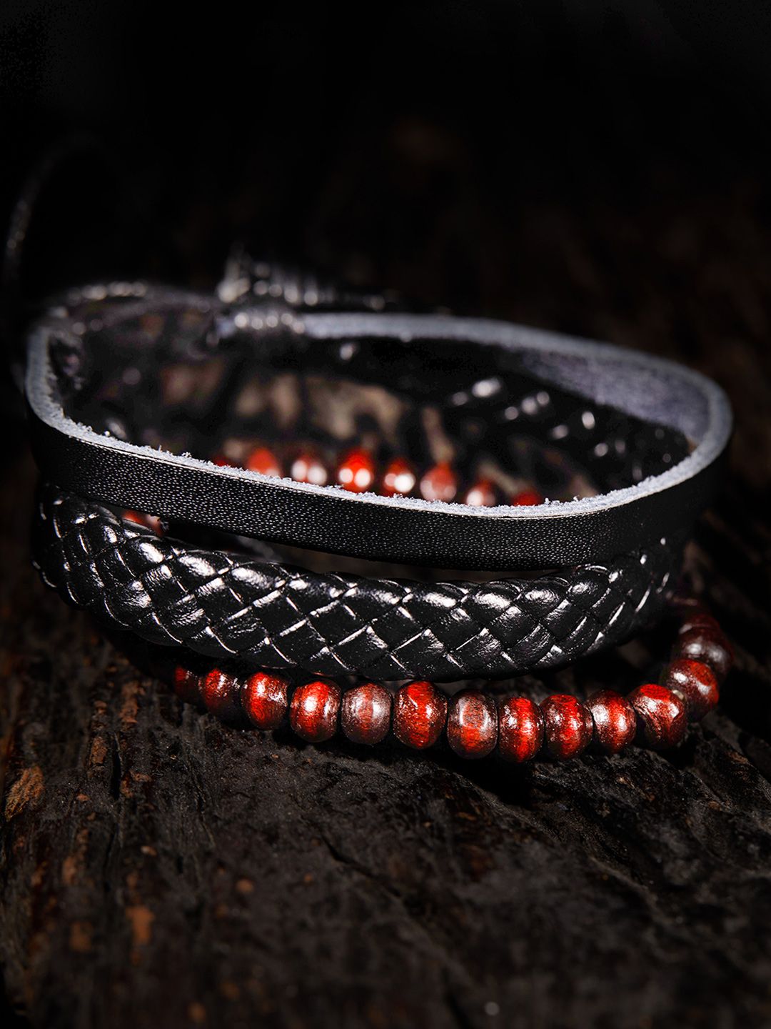 The Roadster Lifestyle Co Women 3 Black & Brown Leather Wraparound Bracelet Price in India