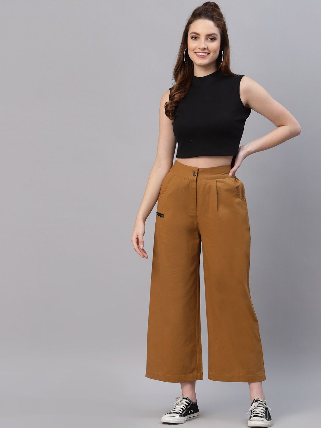 NEUDIS Women Brown Cotton Twill Parallel Trousers Price in India