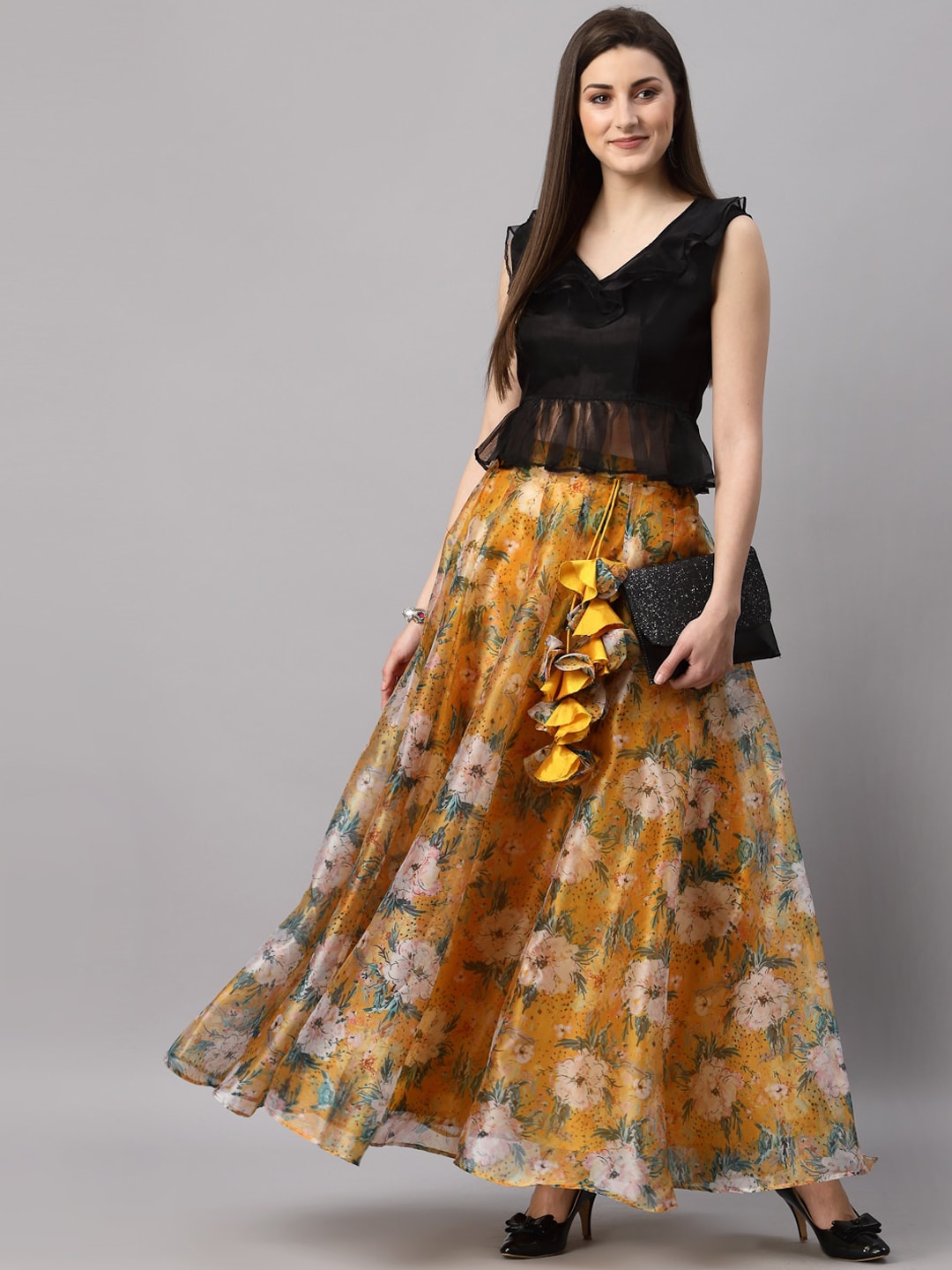 NEUDIS Women Yellow & Green Floral Printed Flared Maxi Lehenga Skirt Price in India