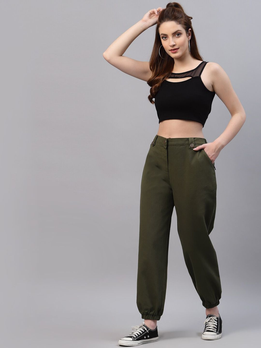 NEUDIS Women Olive Green Cotton Twill Solid Cargos Price in India