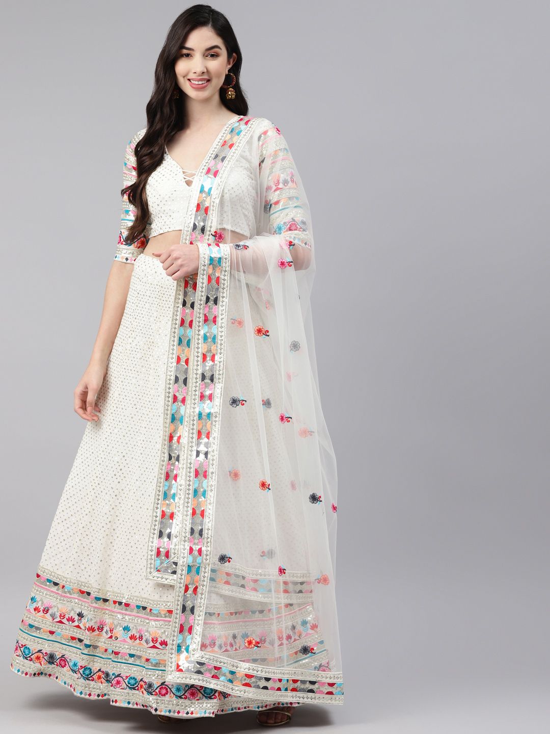 Readiprint Fashions White & Red Embroidered Sequinned Unstitched Lehenga & Blouse With Dupatta Price in India