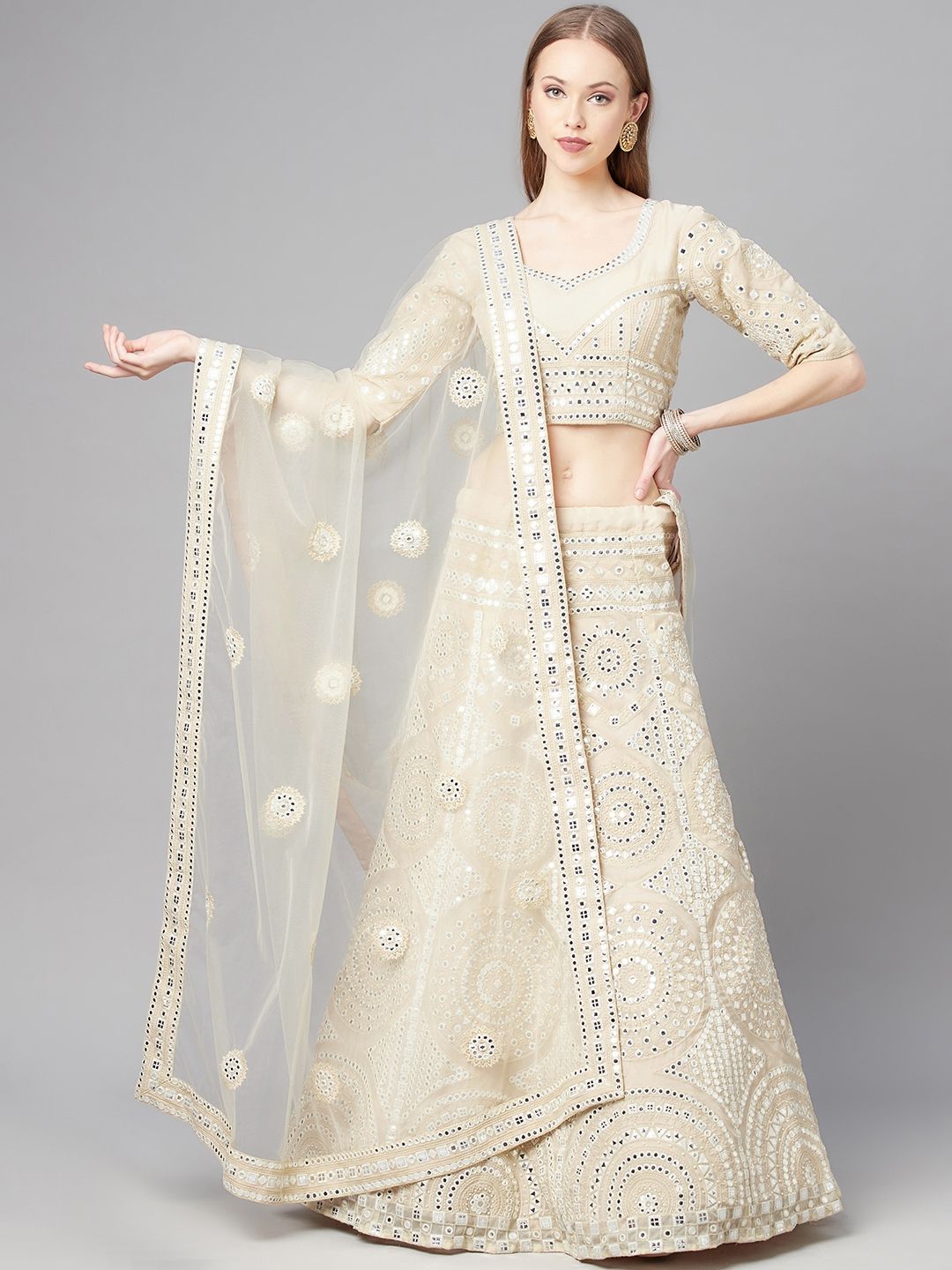 Readiprint Fashions Beige Embroidered Mirror Work Unstitched Lehenga & Blouse With Dupatta Price in India