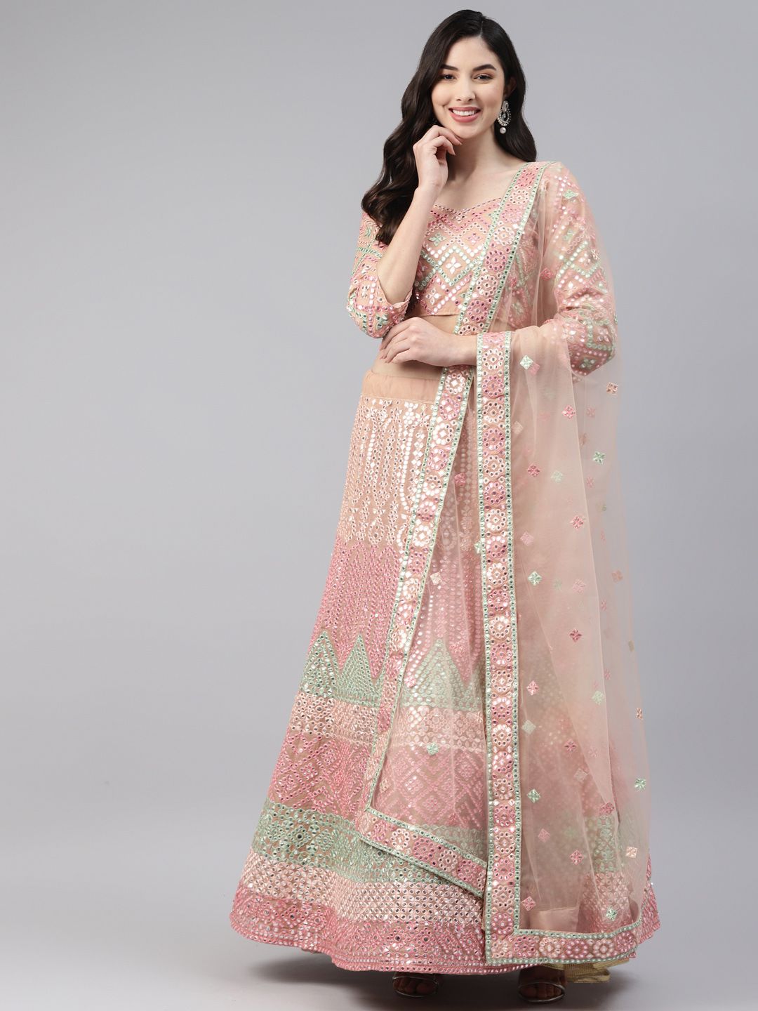 Readiprint Fashions Peach-Coloured & Sea Green Unstitched Lehenga & Blouse With Dupatta