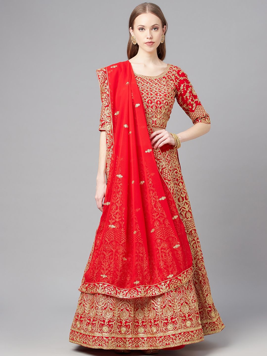 Readiprint Fashions Red & Gold-Toned Embroidered Unstitched Lehenga & Blouse With Dupatta Price in India