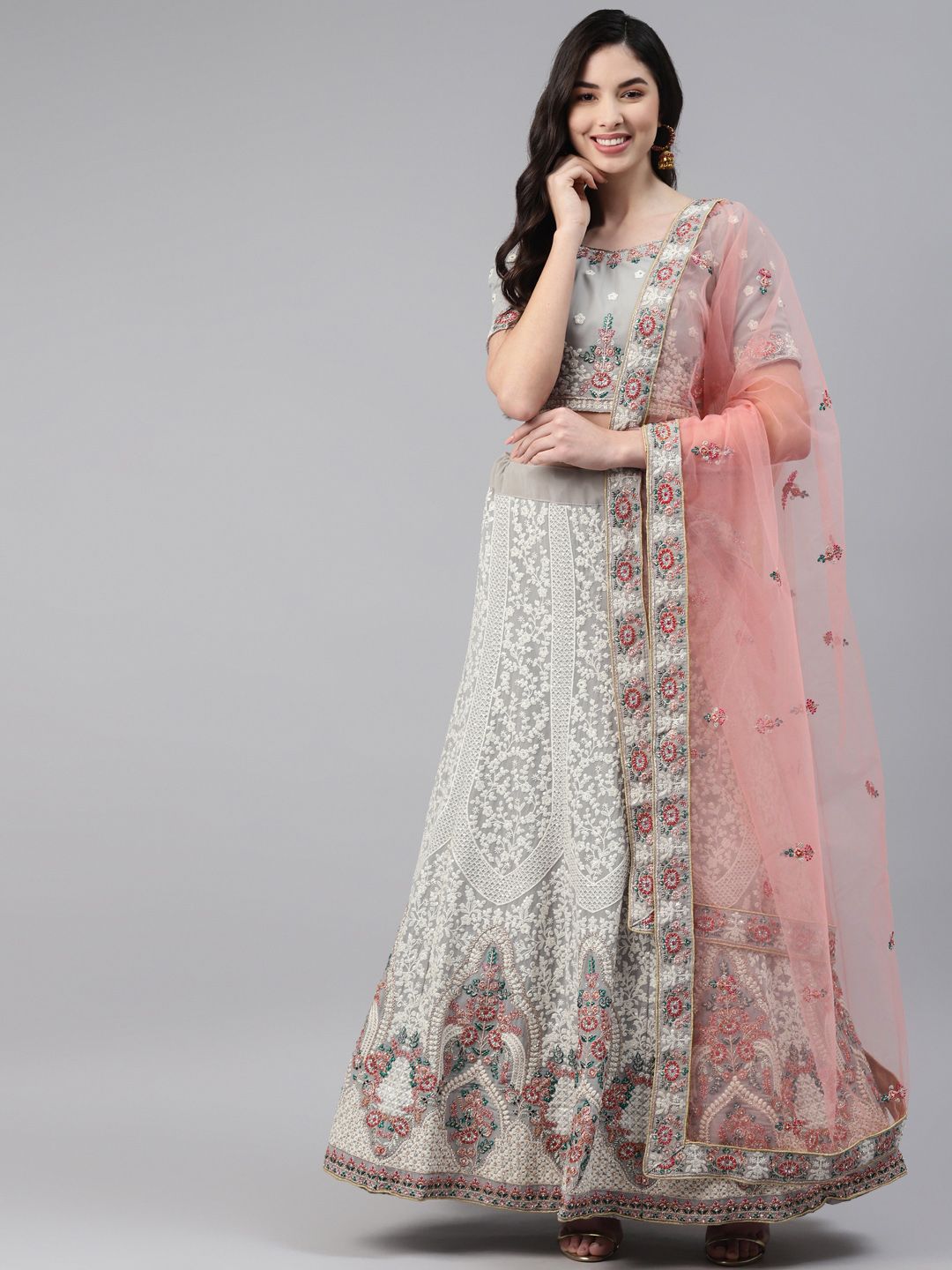 Readiprint Fashions Grey & Peach-Coloured Unstitched Lehenga & Blouse With Dupatta Price in India