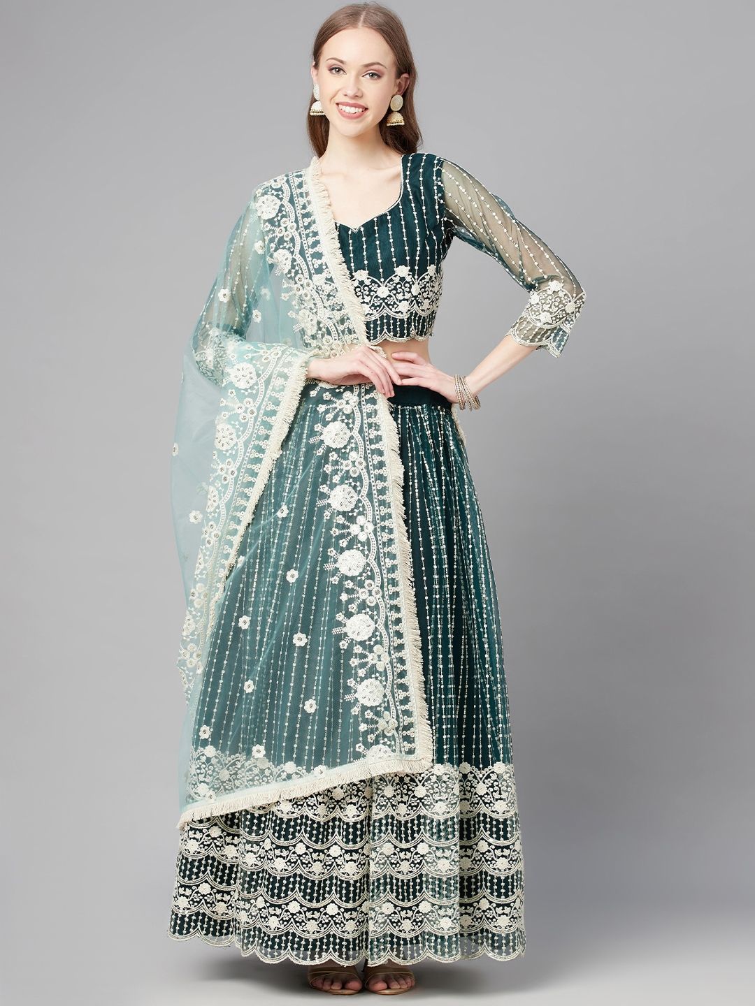 Readiprint Fashions Green & White Embroidered Sequinned Unstitched Lehenga & Blouse With Dupatta Price in India