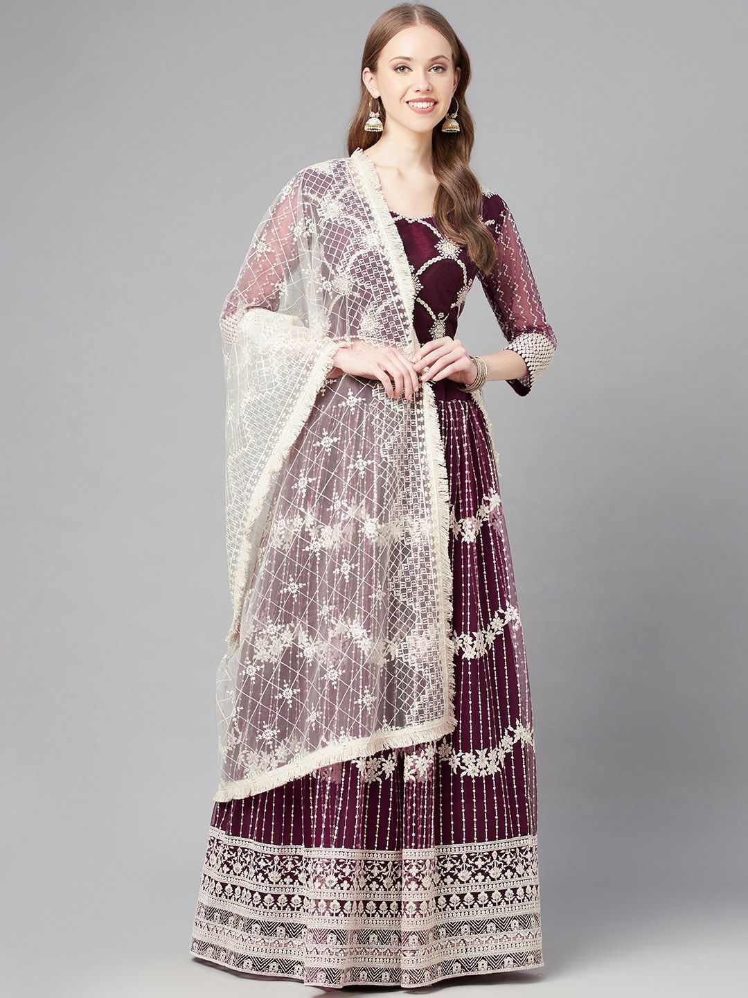 Readiprint Fashions Burgundy Embroidered Sequinned Unstitched Lehenga & Blouse With Dupatta Price in India