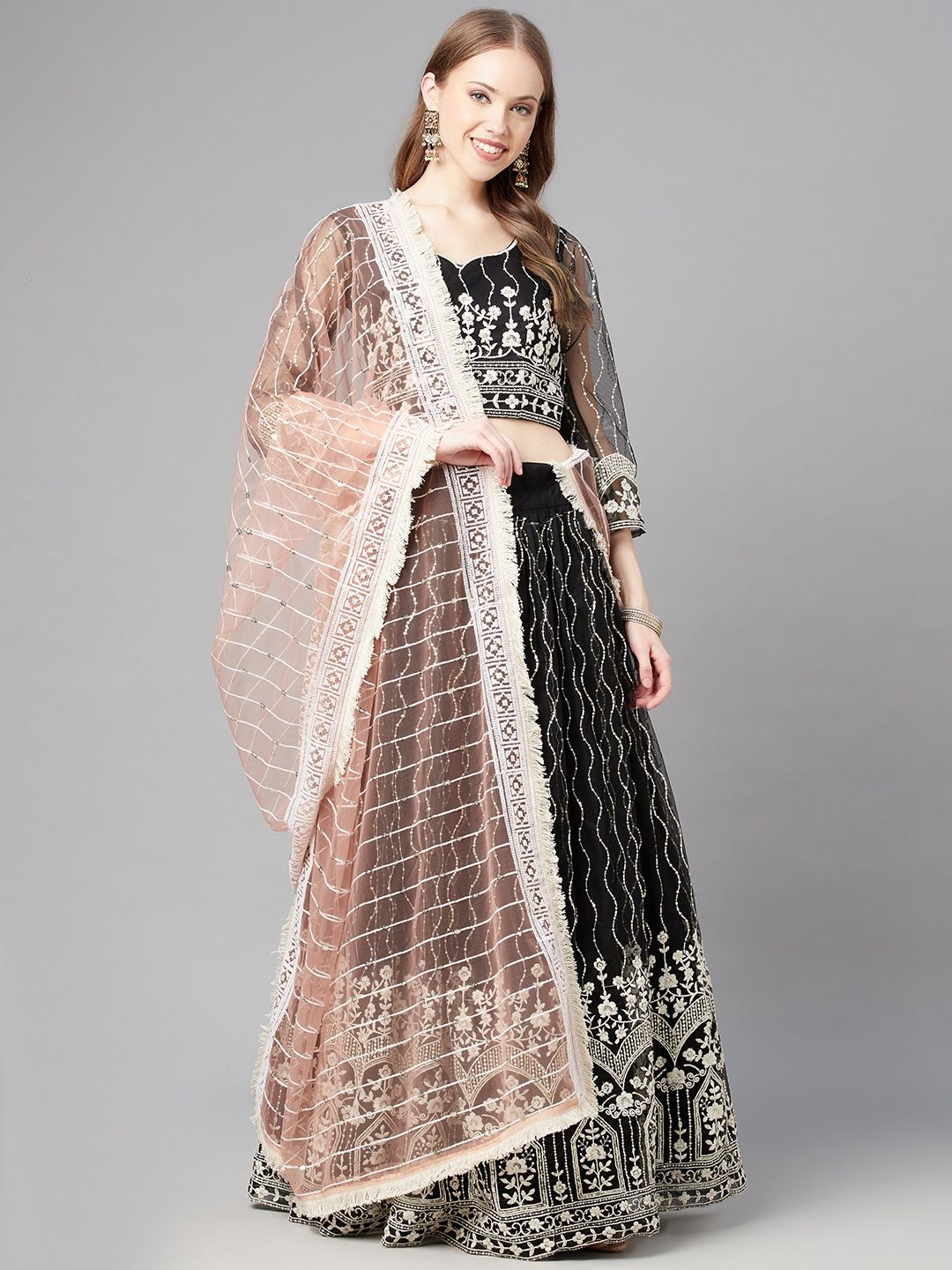 Readiprint Fashions Black & Peach-Coloured Embroidered Sequinned Unstitched Lehenga & Blouse With Dupatta Price in India