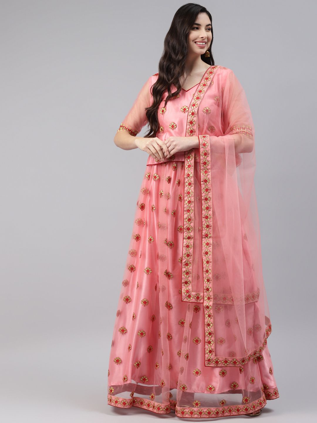 Readiprint Fashions Pink & Gold-Toned Embroidered Unstitched Lehenga & Blouse With Dupatta Price in India