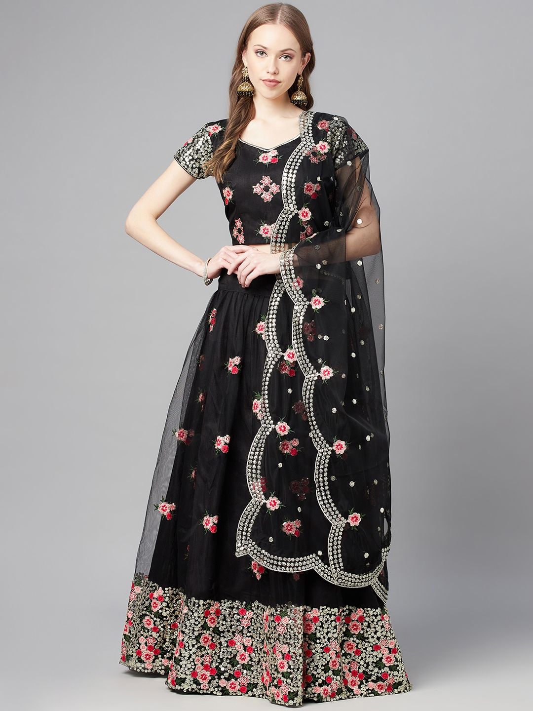 Readiprint Fashions Black Embroidered Unstitched Lehenga & Blouse With Dupatta Price in India