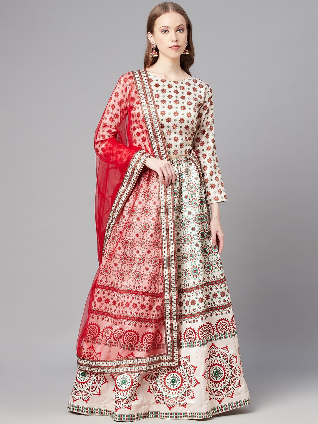 Readiprint Fashions Off White & Red Printed Unstitched Lehenga & Blouse With Dupatta Price in India