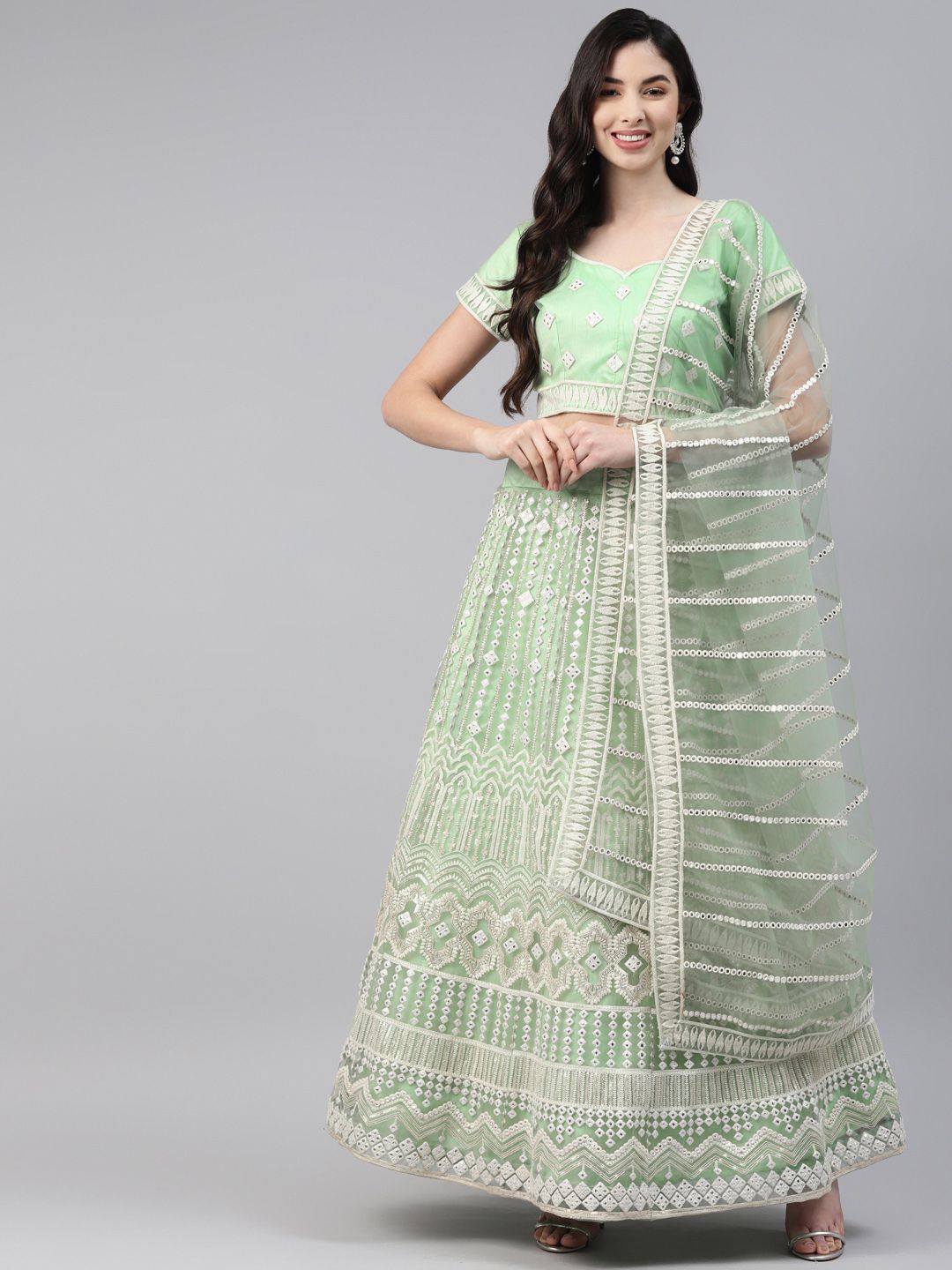 Readiprint Fashions Green & Gold-Toned Embroidered Sequinned Unstitched Lehenga & Blouse With Dupatta Price in India