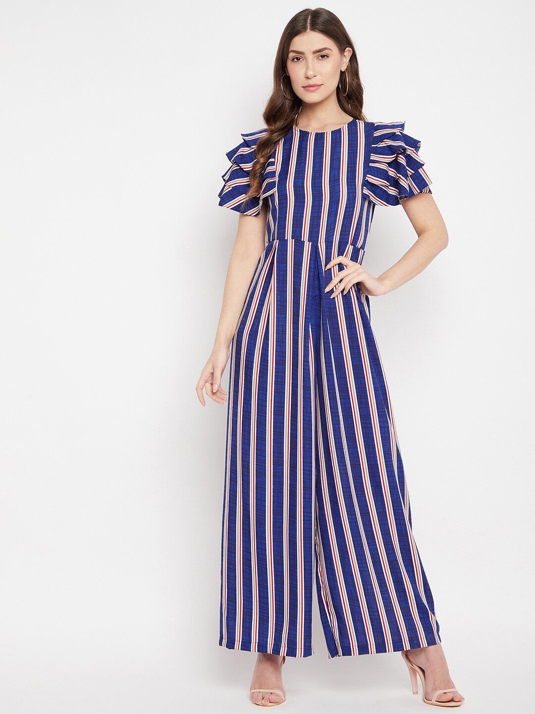 Uptownie Lite Blue & White Striped Basic Jumpsuit With Ruffles Price in India