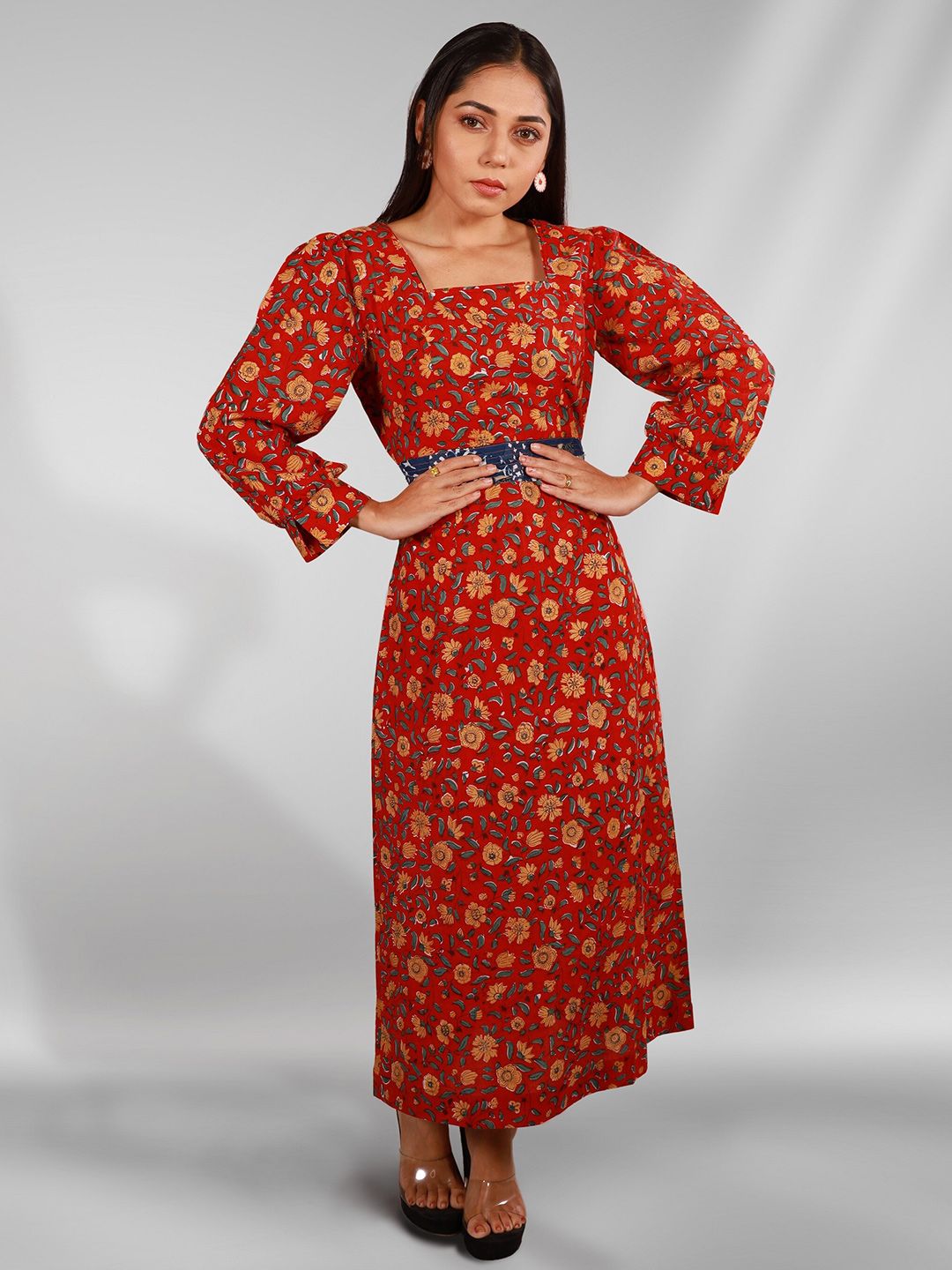 Orbbaan Red & Yellow Floral Maxi Dress Price in India