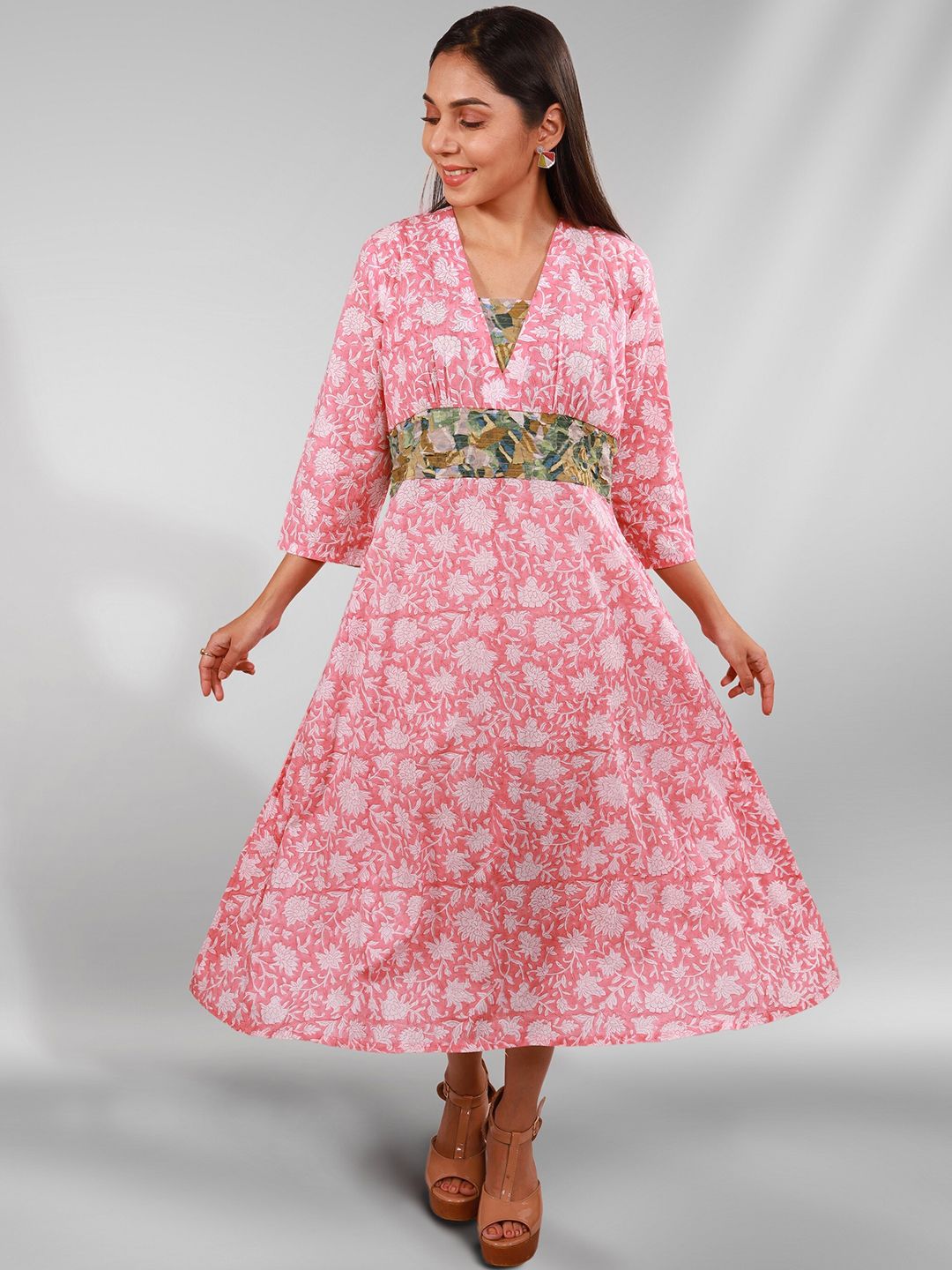 Orbbaan Pink & White Floral Cotton Midi Dress Price in India