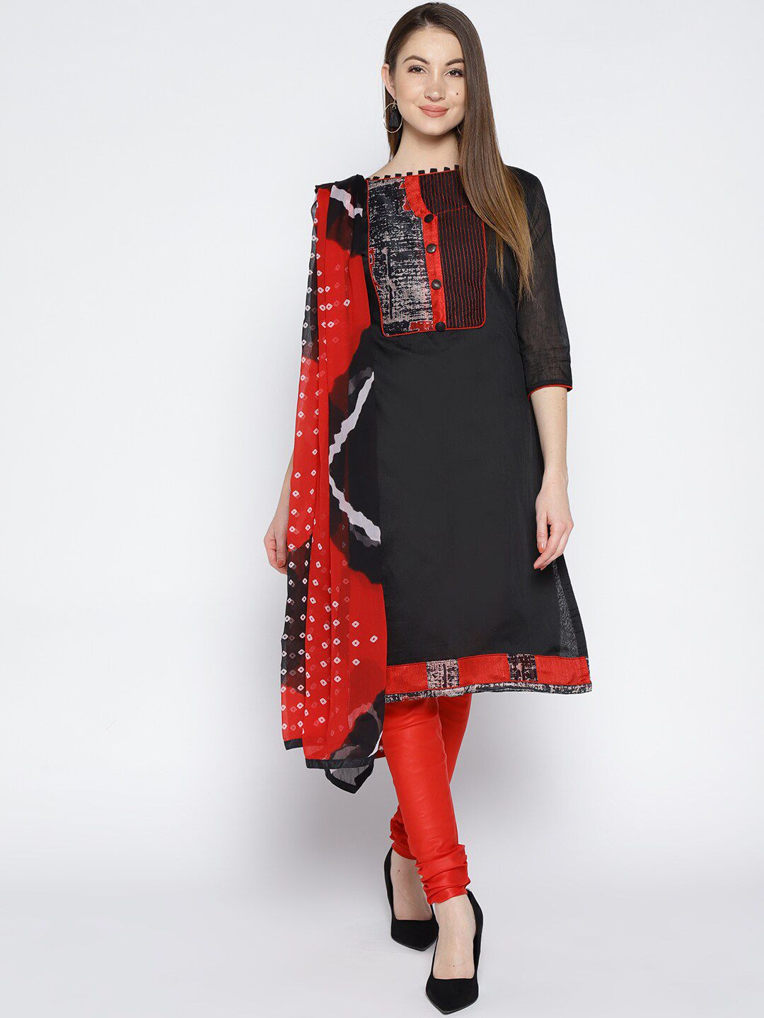 mf Black & Red Printed Unstitched Dress Material Price in India