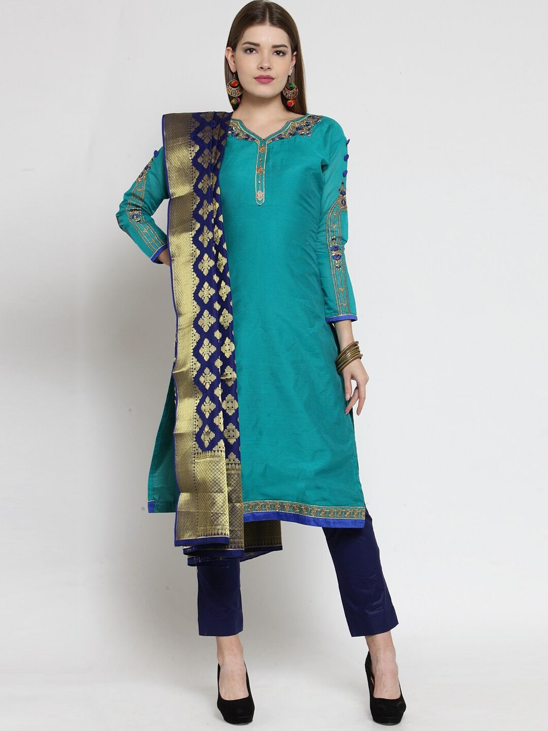 mf Teal & Gold-Toned Embroidered Unstitched Dress Material Price in India