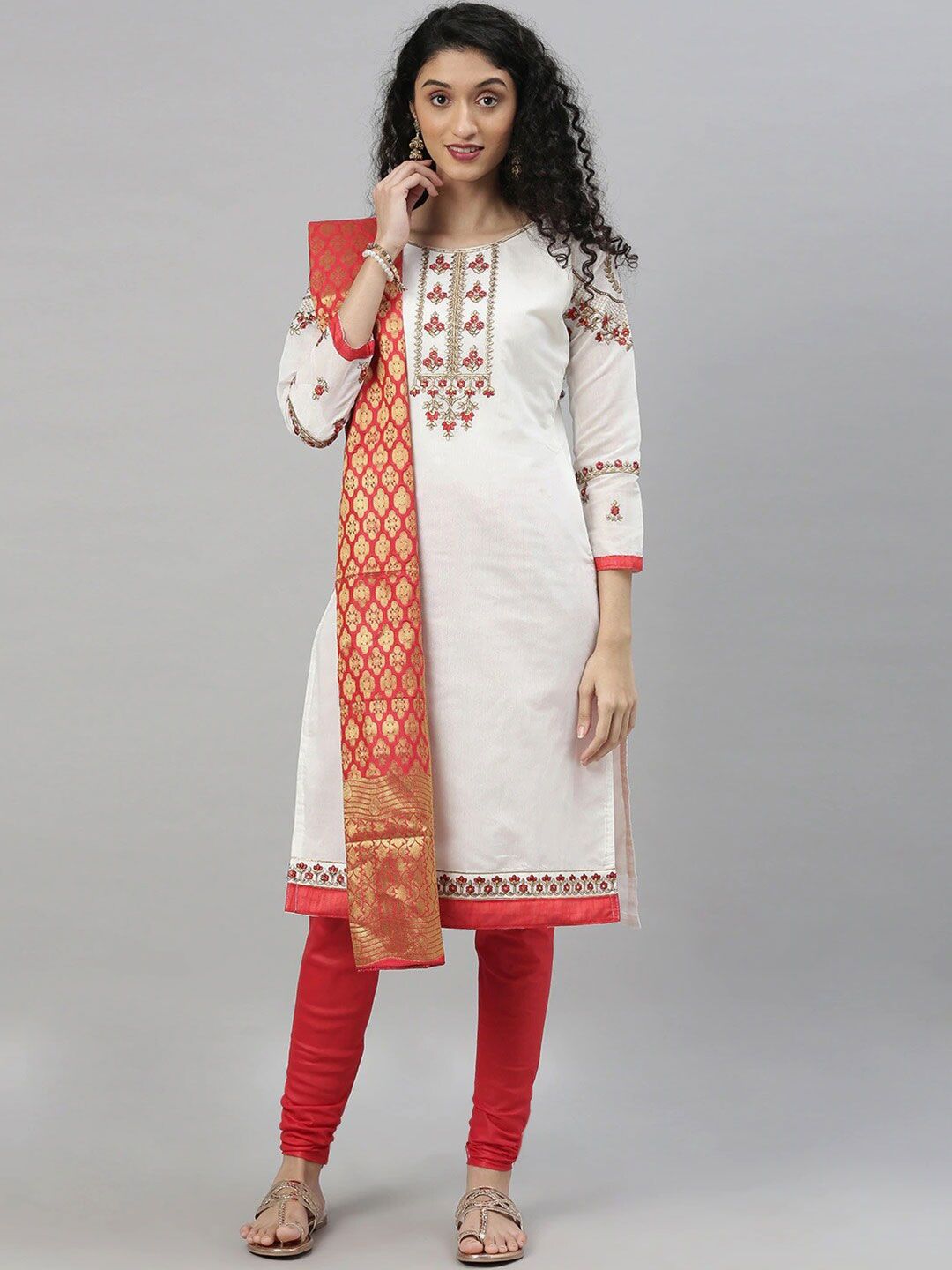 mf White & Red Embroidered Unstitched Dress Material Price in India