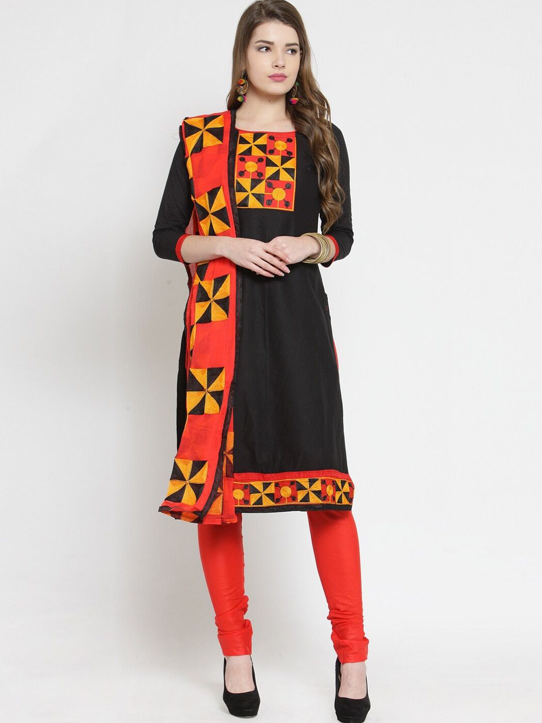 mf Women Black & Red Embroidered Pure Cotton Unstitched Dress Material Price in India