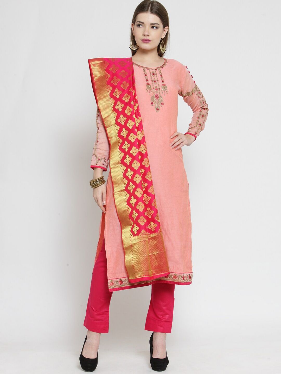 mf Pink & Red Embroidered Unstitched Dress Material Price in India