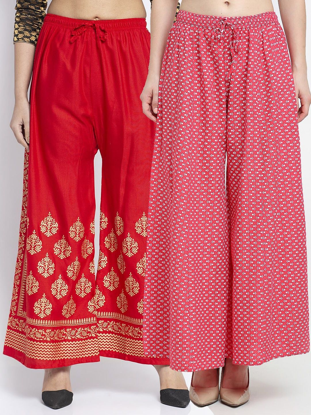 Jinfo Women Red & Pink Set Of 2 Ethnic Motifs Printed Flared Knitted Palazzos Price in India