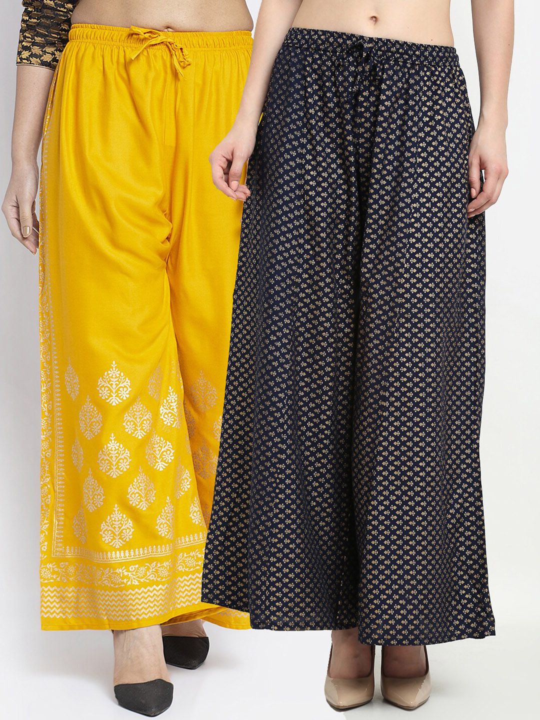 Jinfo Women Yellow & Navy Blue Pack of 2 Ethnic Motifs Printed Flared Palazzos Price in India