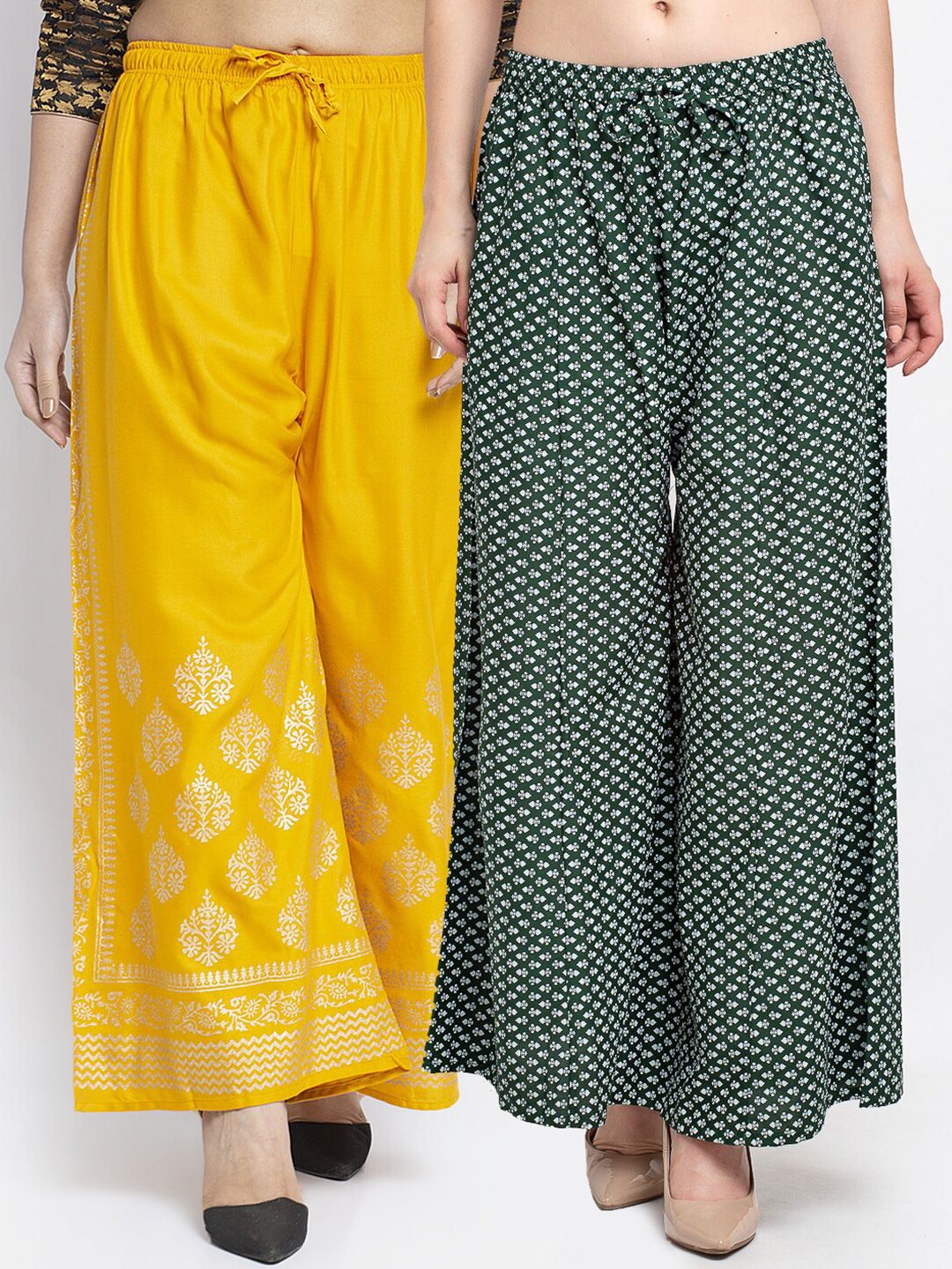 Jinfo Women Pack Of 2 Yellow & Green Ethnic Motifs Printed Flared Knitted Ethnic Palazzos Price in India