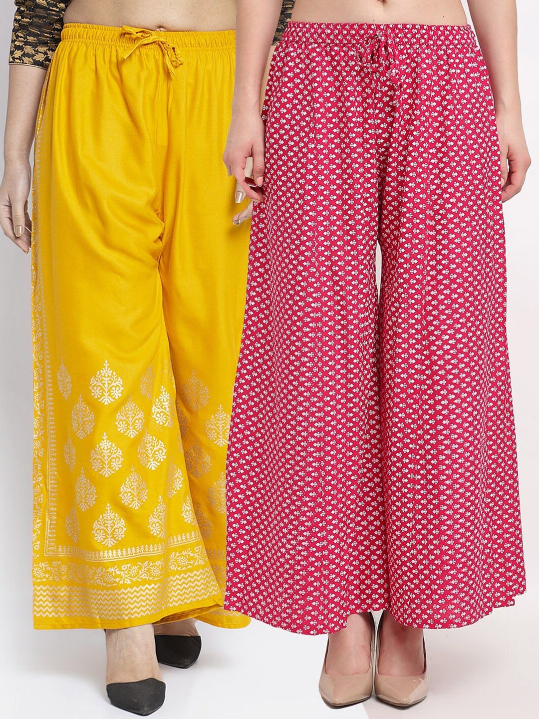 Jinfo Women Pack Of 2 Yellow & Pink Printed Flared Knitted Ethnic Palazzos Price in India