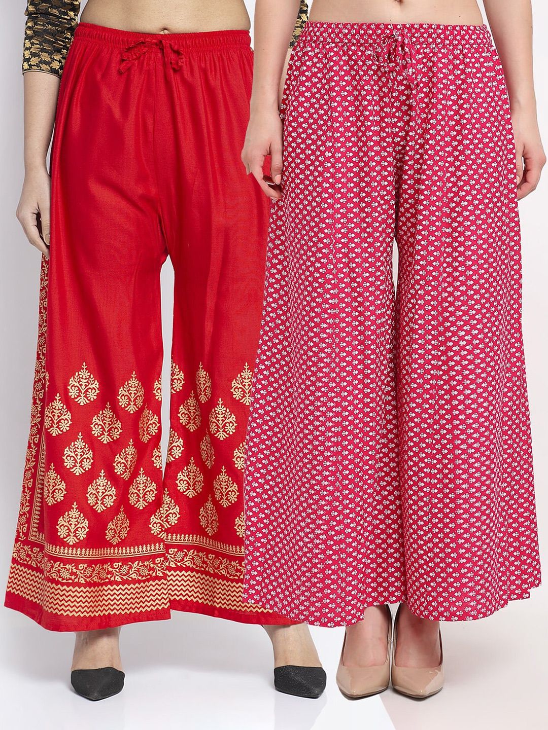 Jinfo Women Red & Pink 2 Ethnic Motifs Printed Flared Knitted Ethnic Palazzos Price in India