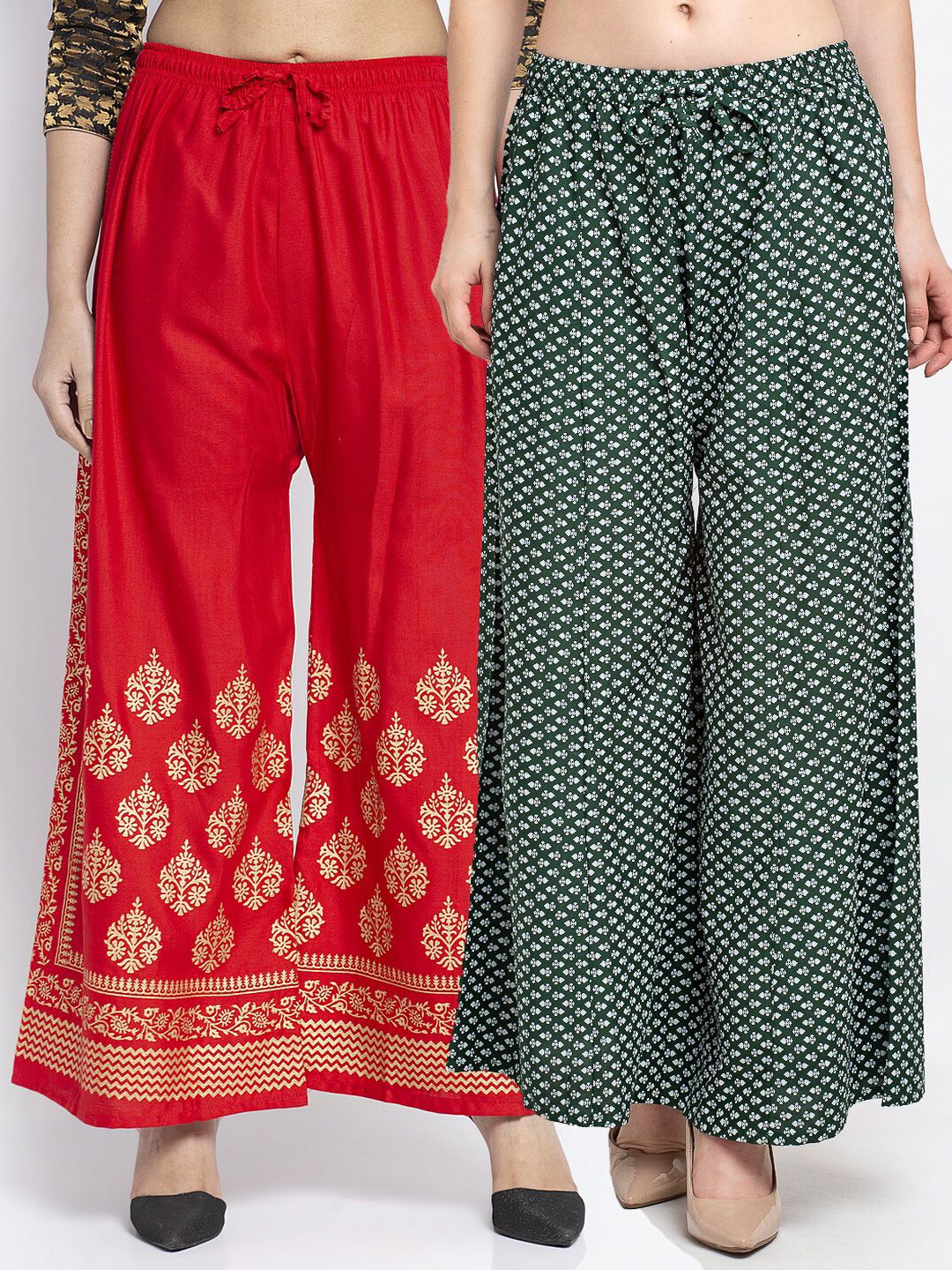 Jinfo Women Red & Green Pack of 2 Ethnic Motifs Printed Flared Knitted Ethnic Palazzos Price in India