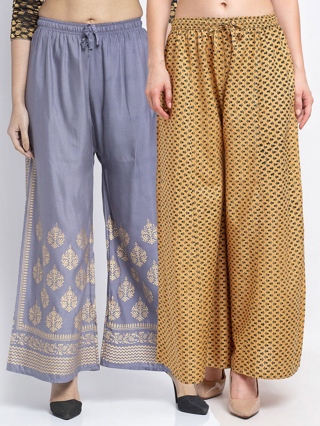 Jinfo Women Grey & Beige Pack Of 2 Abstract Printed Flared Fit Palazzos Price in India