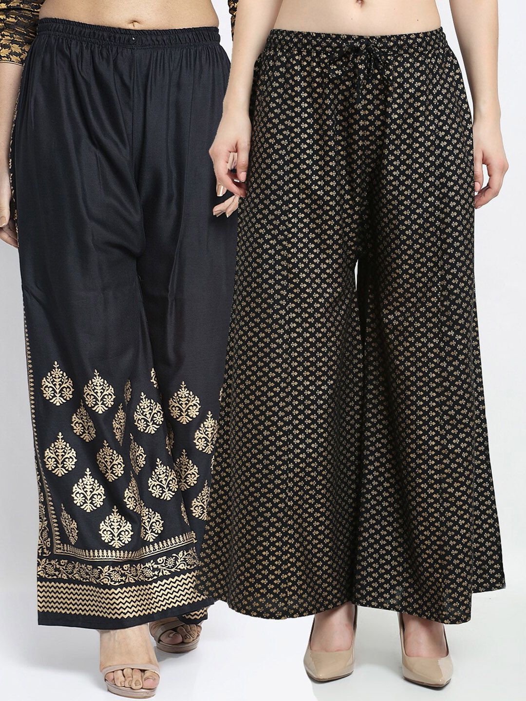 Jinfo Women Black & Gold-Toned Set of 2 Ethnic Motifs Printed Flared Ethnic Palazzos Price in India