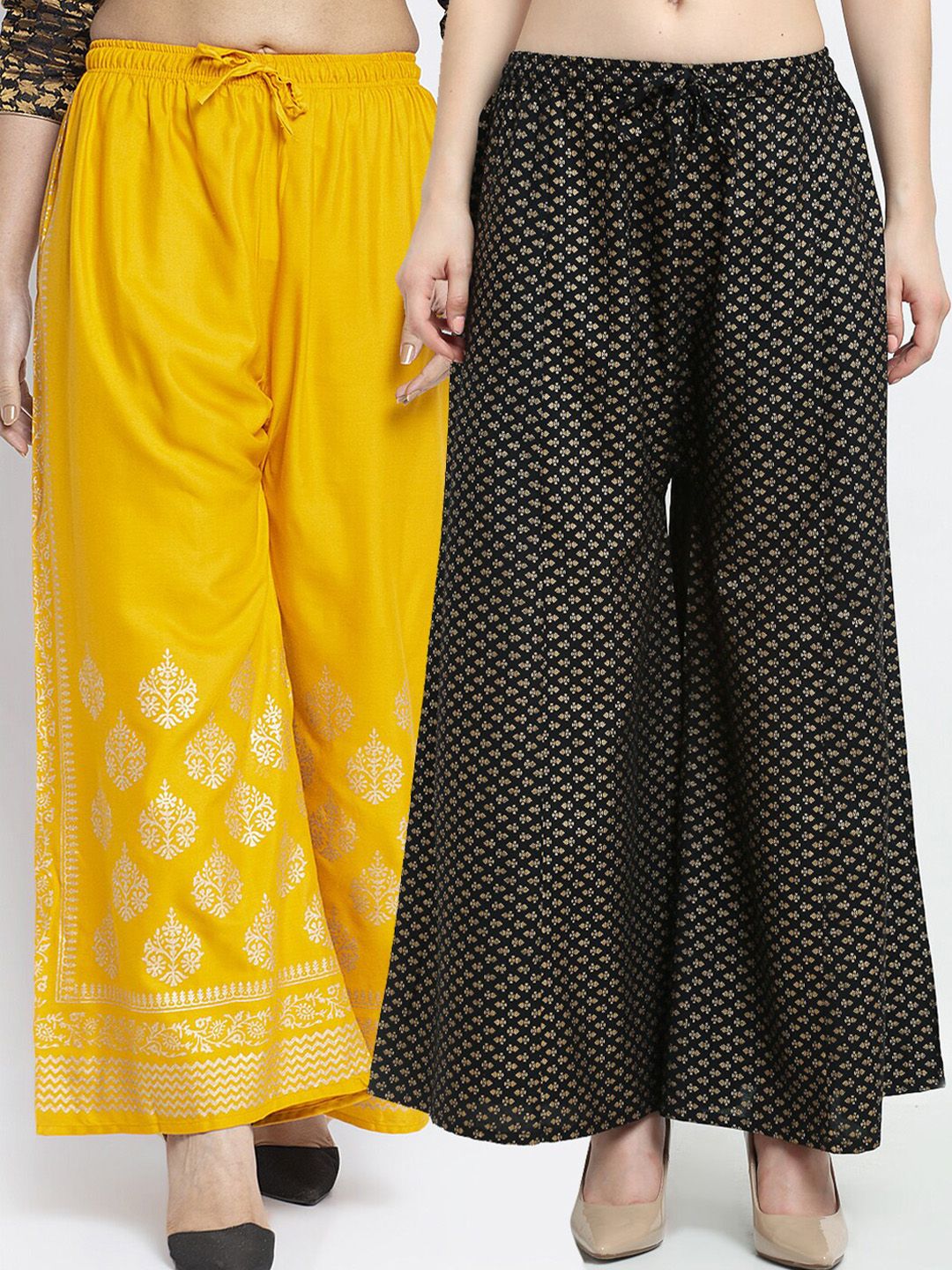 Jinfo Women Yellow & Black Pack of 2 Ethnic Motifs Printed Flared Palazzos Price in India