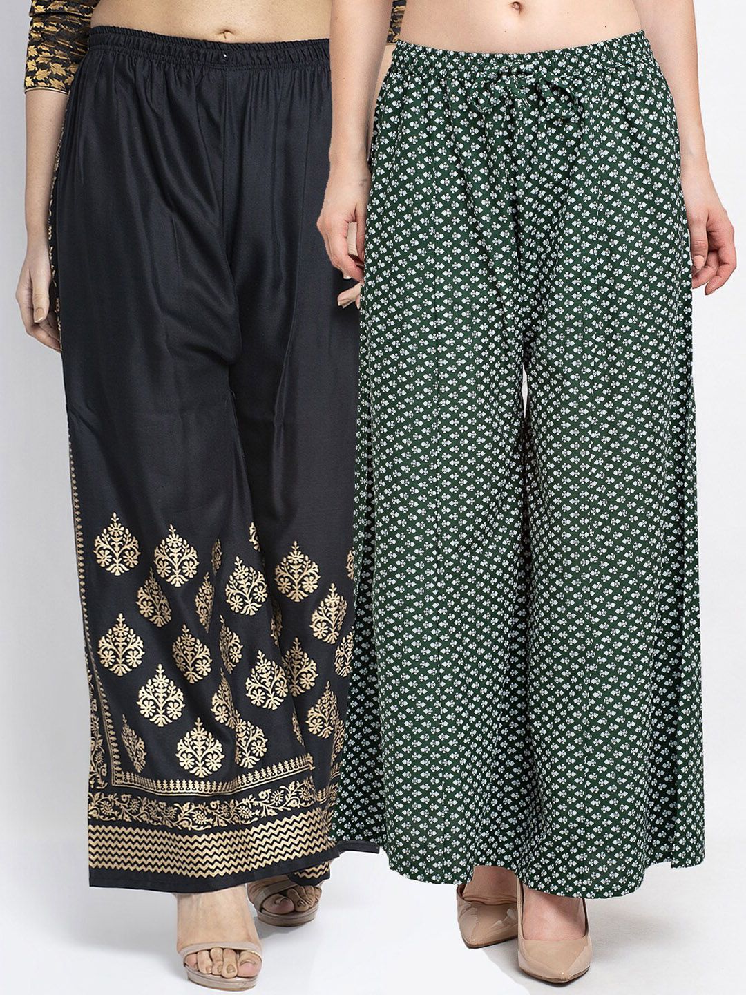 Jinfo Women Pack Of 2 Black & Green Printed Flared Knitted Ethnic Palazzos Price in India