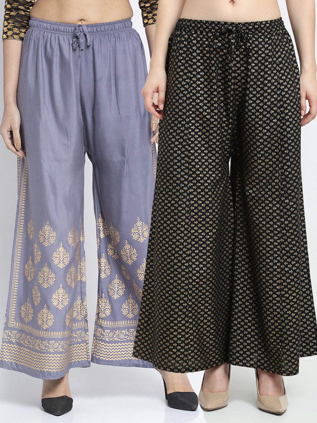 Jinfo Women Pack of 2 Grey & Black Ethnic Motifs Block Printed Ethnic Palazzos Price in India