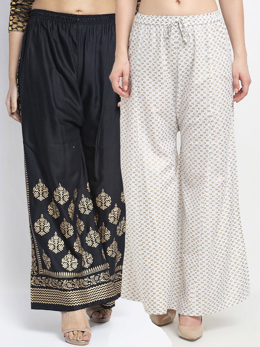 Jinfo Women Black & White Pack of 2 Ethnic Motifs Printed Flared Palazzos Price in India