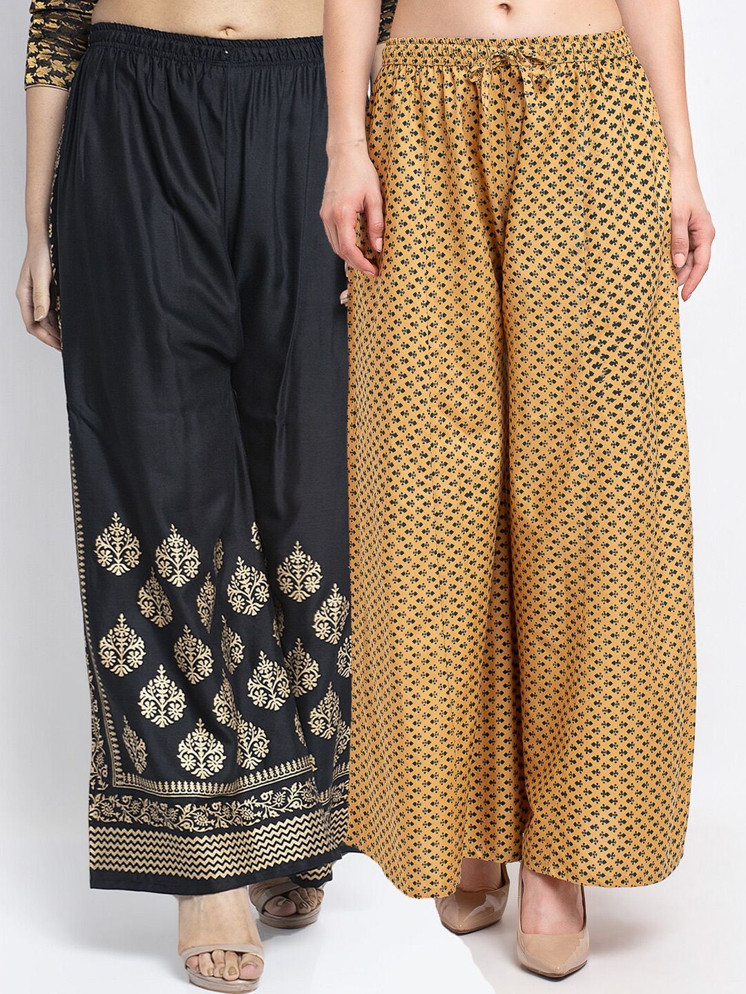 Jinfo Women Black & Tan Brown Set Of 2 Ethnic Motifs Block Printed Flared Ethnic Palazzos Price in India