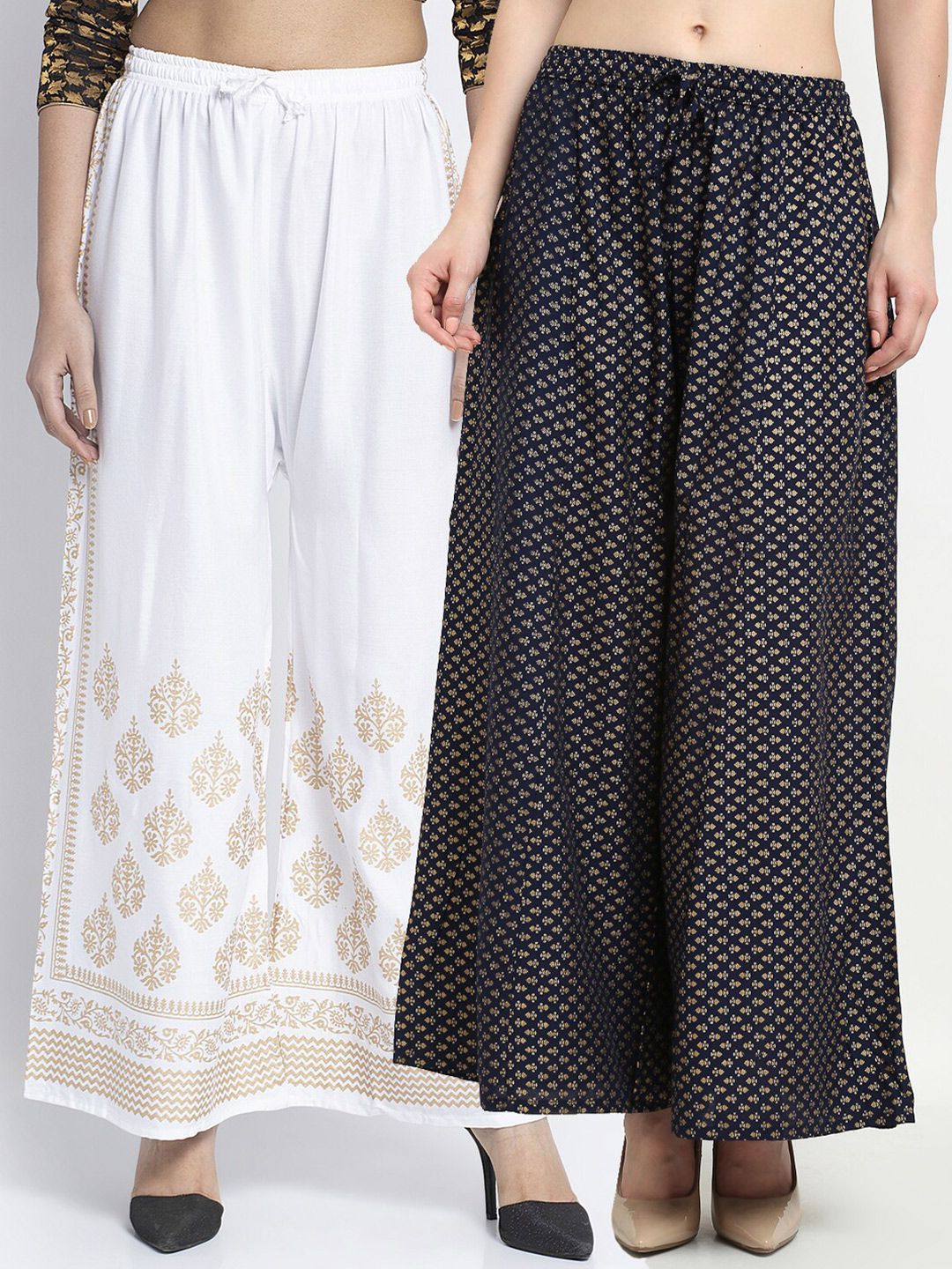 Jinfo Women Pack Of 2 White & Navy Blue Ethnic Motifs Printed Flared Ethnic Palazzos Price in India