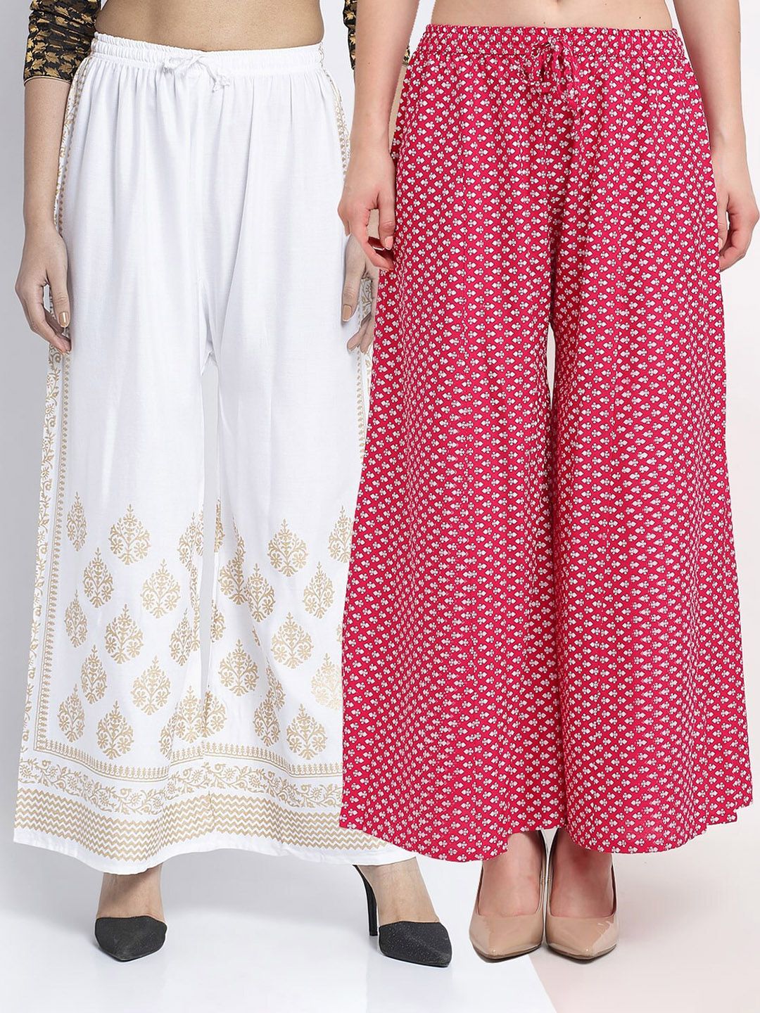 Jinfo Women Pack Of 2 White & Pink Ethnic Motifs Printed Flared Knitted Ethnic Palazzos Price in India