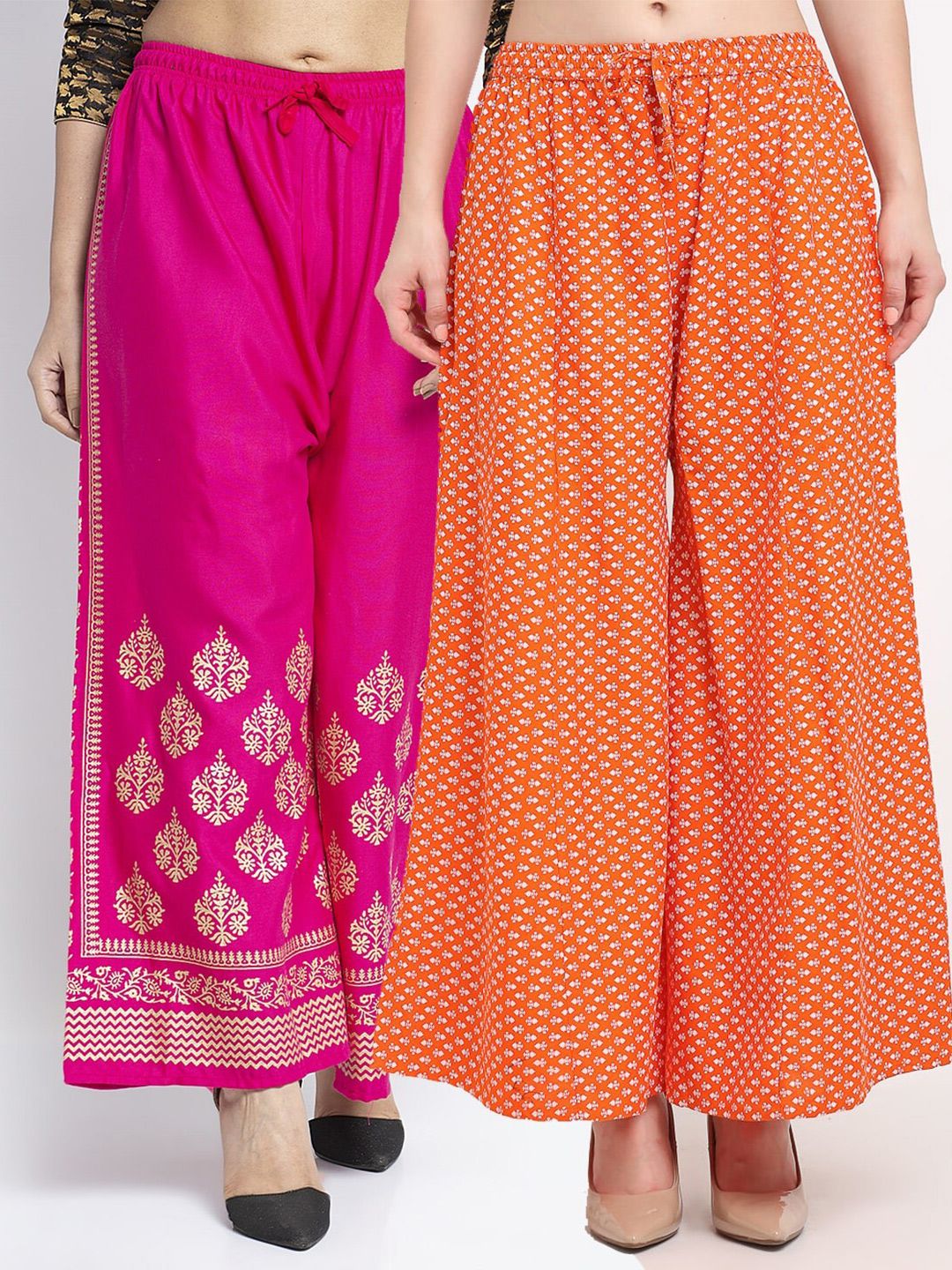 Jinfo Women Pack of 2 Magenta & Orange Ethnic Motifs Block Printed Ethnic Palazzos Price in India