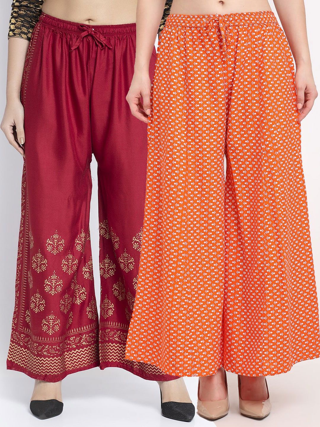 Jinfo Women Pack of 2 Ethnic Motifs Printed Flared Knitted Ethnic Palazzos Price in India